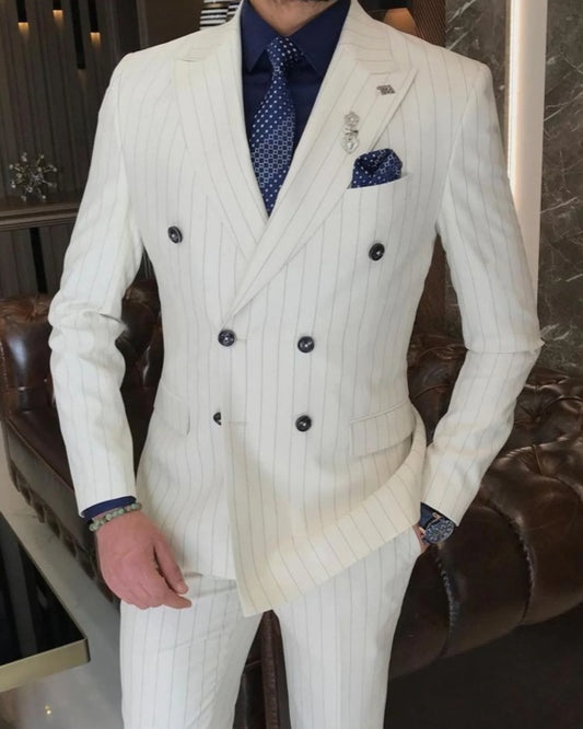 Classic White Double Breasted Striped Business Suits