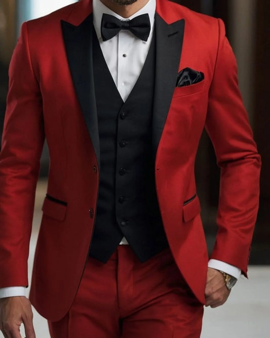 Fancy Red 3 Pieces Wedding Suits With Waistcoat