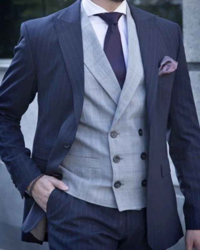 Formal Dark Blue Pinstriped 3 Pieces Men's Business Suits
