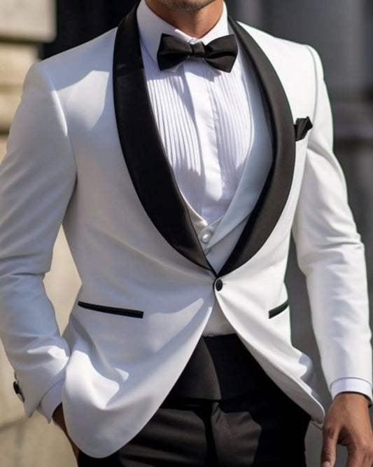 Bespoke White 3 Pieces Shawl Lapel Wedding Suits With Waistcoat