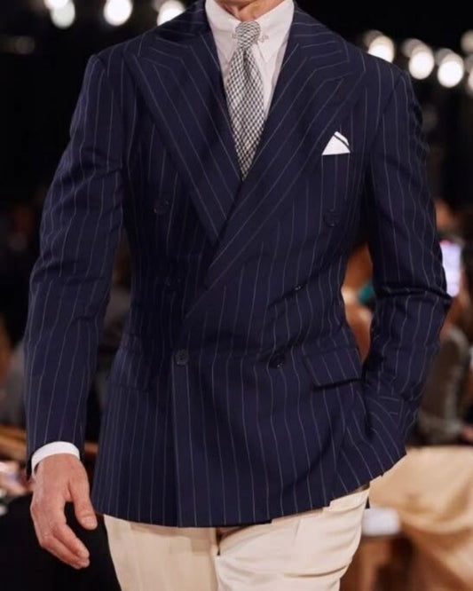 Formal Dark Blue Double Breasted Pinstriped Business Suits