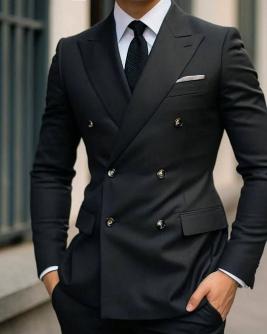 Classic Black Double Breasted Peaked Lapel Business Suits