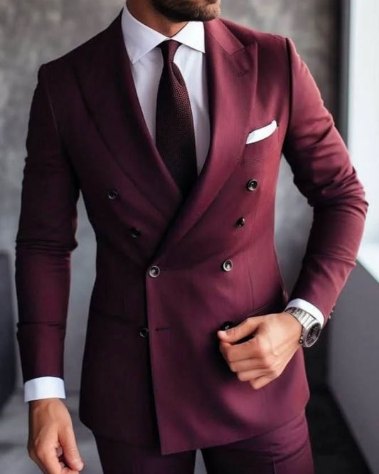 Bespoke Burgundy Double Breasted Peaked Lapel Prom Men Suits