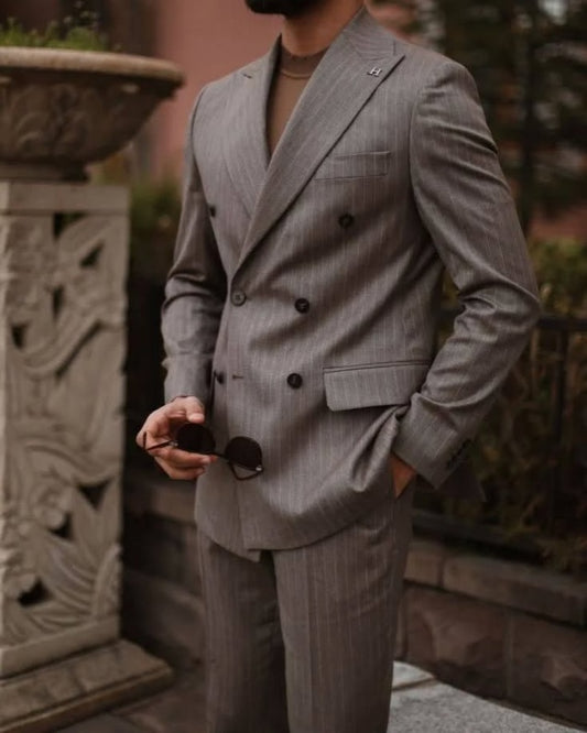 Classic Gray Double Breasted Striped Business Men Suits