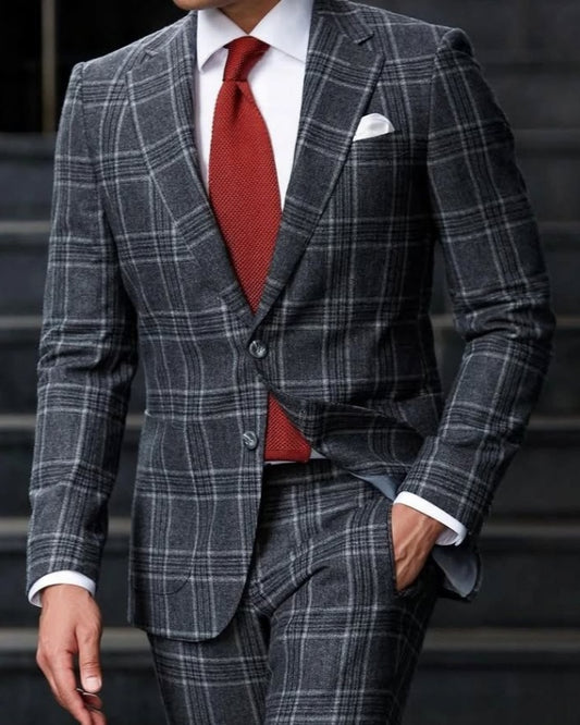 Fancy Dark Gray Plaid Notched Lapel Prom Men Suits