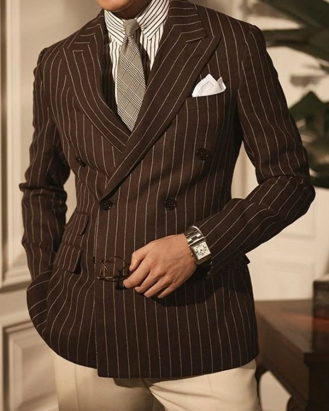 Classic Brown Double Breasted Striped Peaked Lapel Prom Suits
