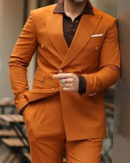 Glamorous Orange Double Breasted Peaked Lapel Prom Men Suits