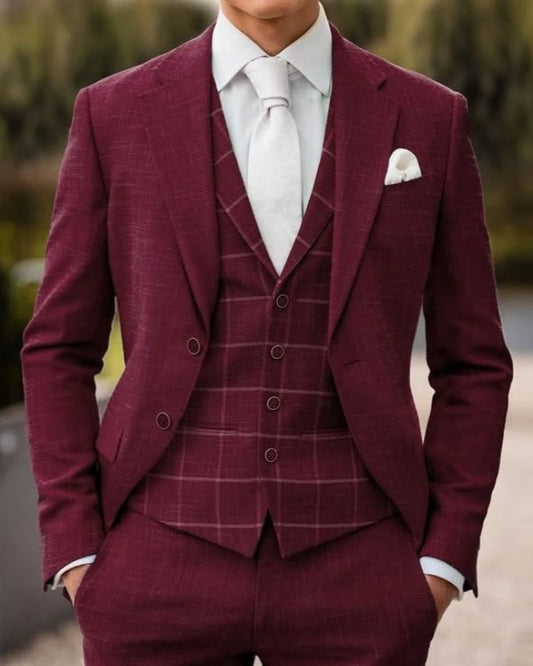 Trendy Burgundy 3 Pieces Notched Lapel Prom Suits With Plaid Vest