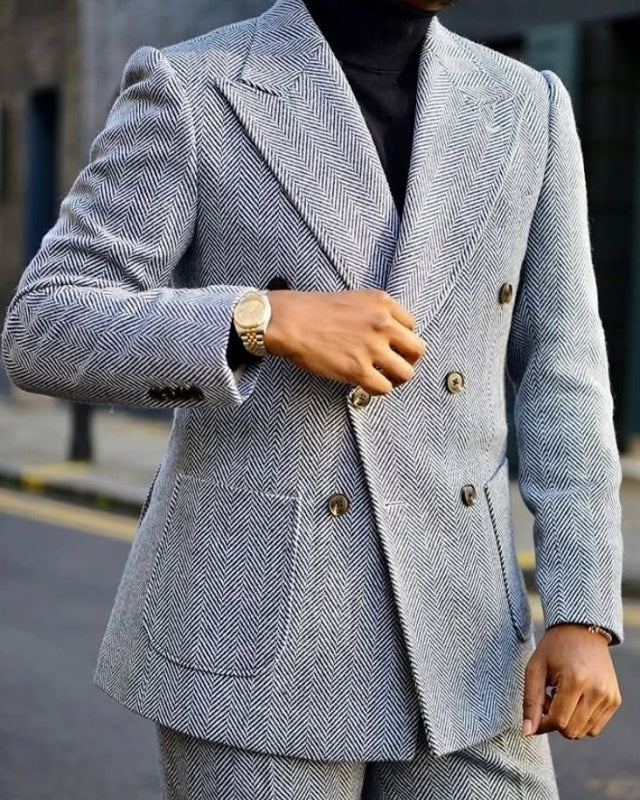 Classic Light Gray Double Breasted Herringbone Business Suits