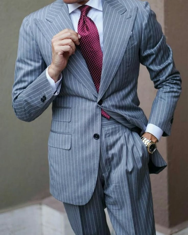 Classy gray Pinstriped Peaked Lapel Business Men Suits