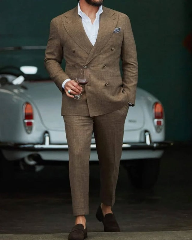 Fancy Dark Khaki Double Breasted Peaked Lapel Prom Suits