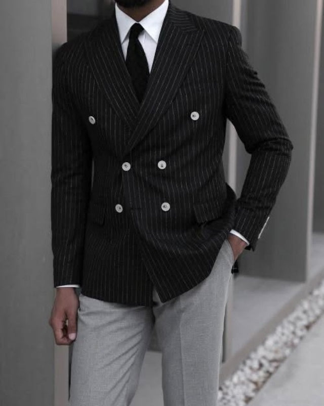 Chic Black Double Breasted Pinstriped Prom Suits With Gray Pants