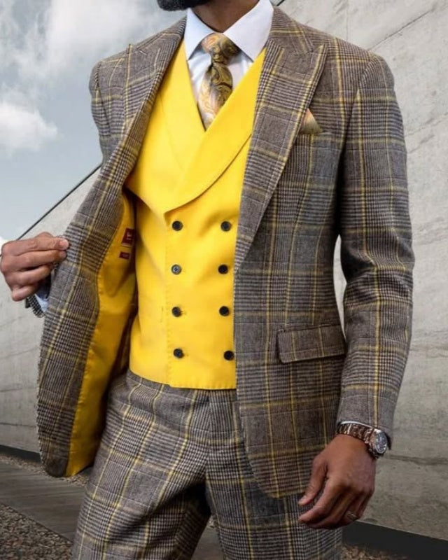 Modern Gray And Yellow Plaid 3 Pieces Prom Suits With Yellow Vest