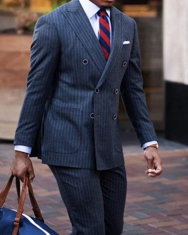 Trendy Dark Gray Double Breasted Pinstriped Men's Business Suits