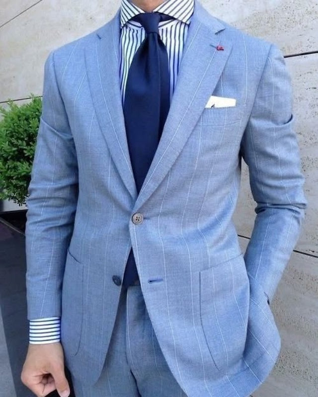 Trendy Sky Blue Notched Lapel Striped Men's Prom Suits
