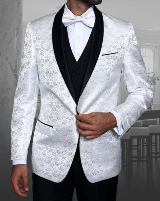 Modern White Jacquard 3 Pieces Shawl Lapel Wedding Suits