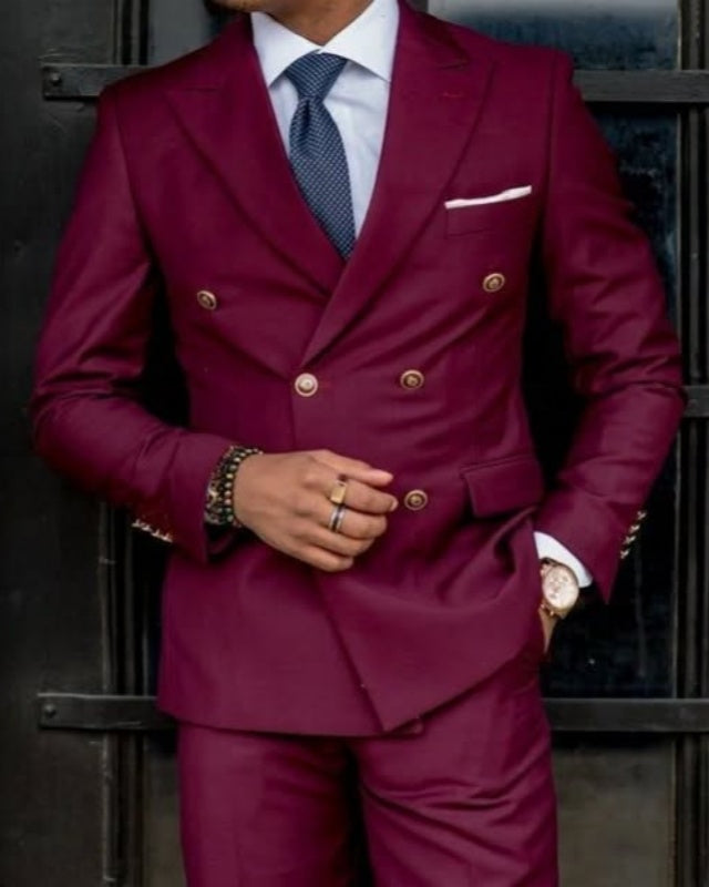 Fancy Burgundy Peaked Lapel Double Breasted Prom Suits