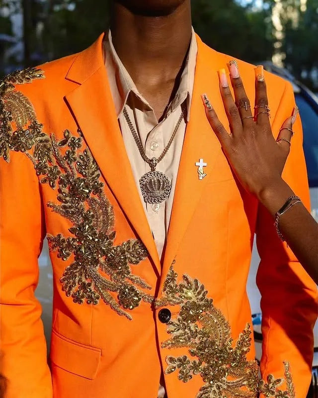 Chic Orange Notched Lapel One Button Prom Suits With Golden Appliques