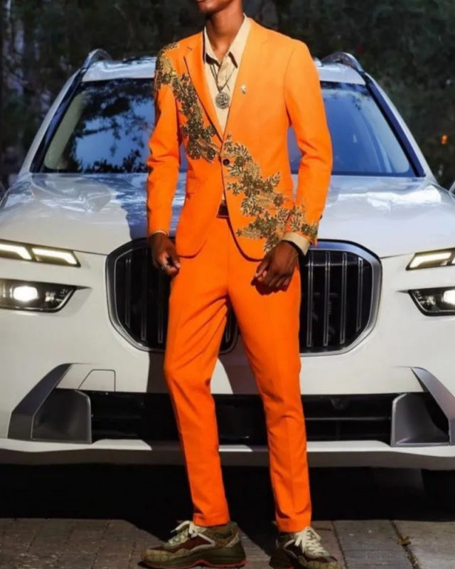 Chic Orange Notched Lapel One Button Prom Suits With Golden Appliques