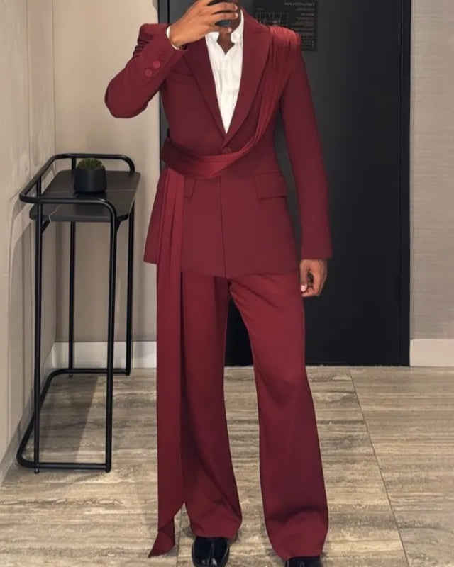 Stylish Burgundy One Button Men’s Prom Suit with Long Sash