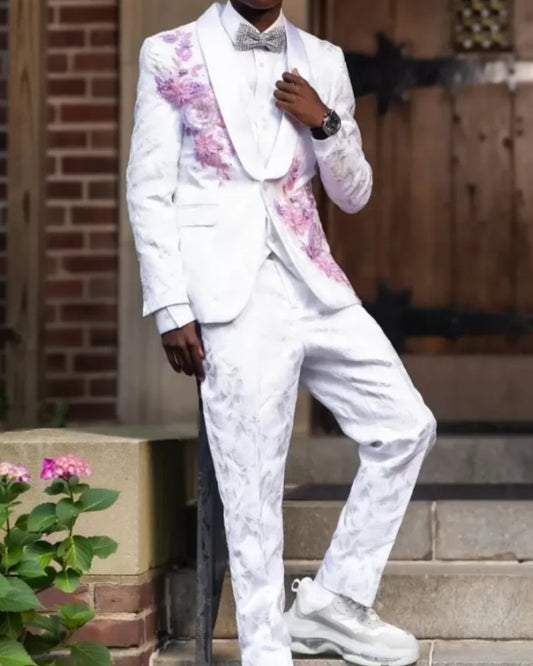 Charming White Jacquard Shawl Lapel Three Pieces Prom Suits With Pink Appliques