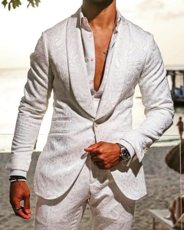 Elegant White Jacquard Shawl Lapel Wedding Men Suits