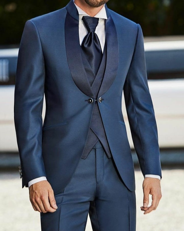 Mild Navy Blue 3 Pieces Stand-up Collar Wedding Suits With Vest