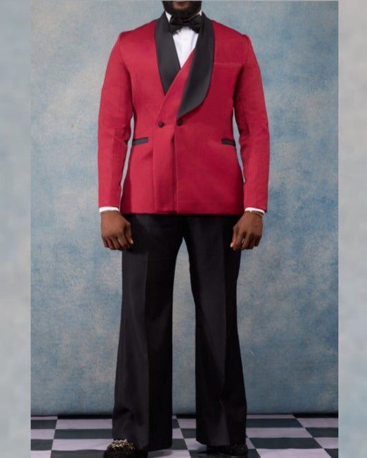 Trendy Red Waffle Plaid Shawl Lapel Double Breasted Prom Suits
