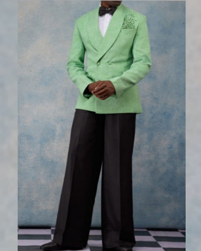 Chic Green Double Breasted Shawl Lapel Prom Suits With Crystals