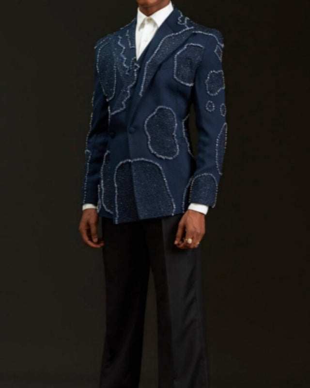 Bespoke Navy Blue Double Breasted Peaked Lapel Prom Suits With Beadings