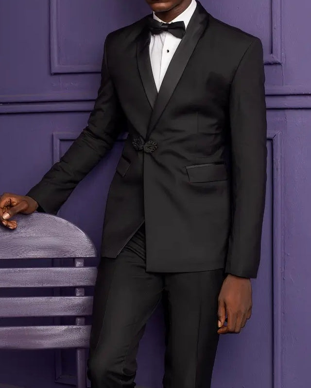 Classic Black Shawl Lapel Slim Fit Wedding Suits With Knot Button