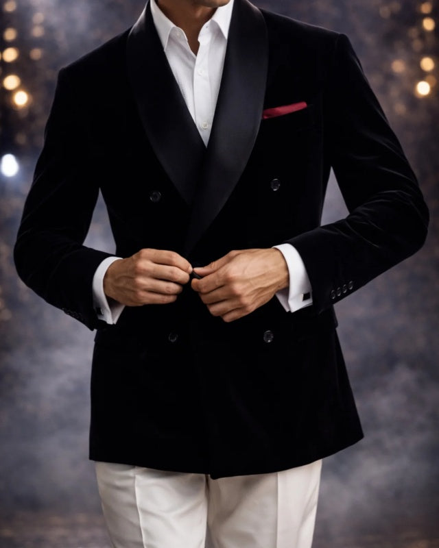 Classic Black Velvet Double Breasted Shawl Lapel Prom Suits