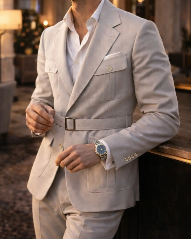 Modern Light Brown Notched Lapel Four Flaps Prom Suits With Belt