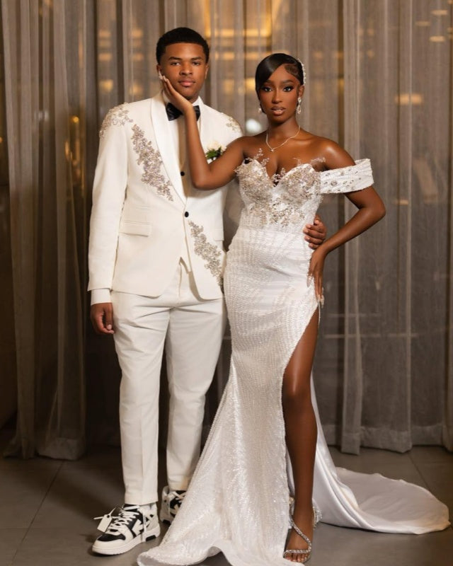 Fancy White 3 Pieces Shawl Lapel Beadings Prom Men Suits