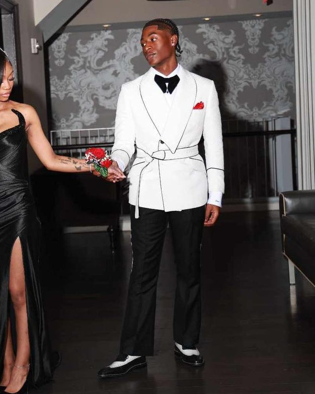 Glamorous White Shawl Lapel Prom Suits With Belt