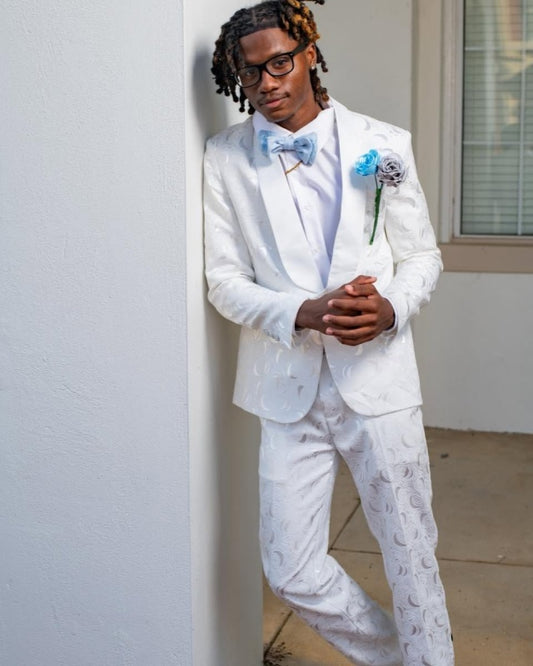 Newest White Jacquard Shawl Lapel Wedding Men Suits