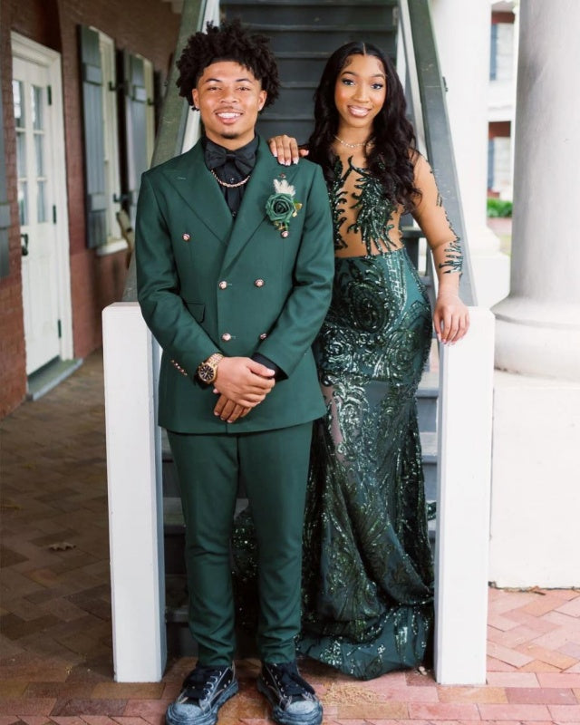 Stylish Green Double Breasted Peaked Lapel Prom Men Suits