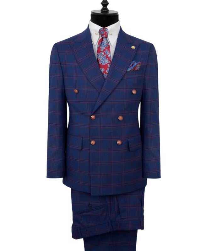 Gentle Dark Blue Plaid Double Breasted Business Men Suit