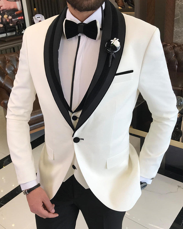 Newest White Three Pieces Slim Fit Shawl Lapel Wedding Men Suit