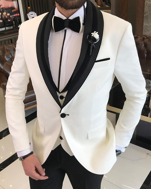 Newest White Three Pieces Slim Fit Shawl Lapel Wedding Men Suit