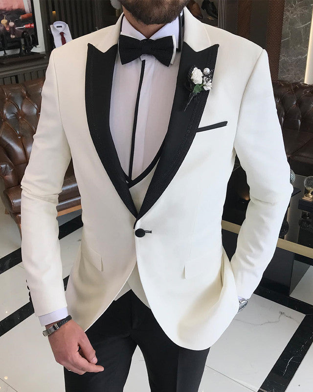 Stylish White Three Pieces Best Fitted Shawl Lapel Wedding Men Suit