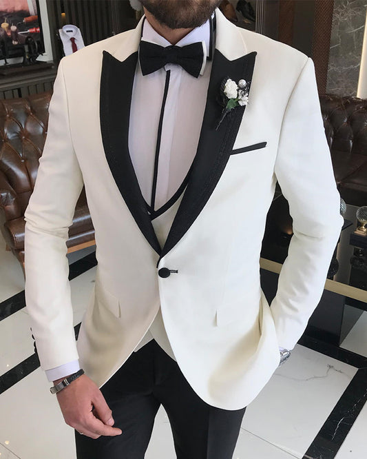 Stylish White Three Pieces Best Fitted Shawl Lapel Wedding Men Suit