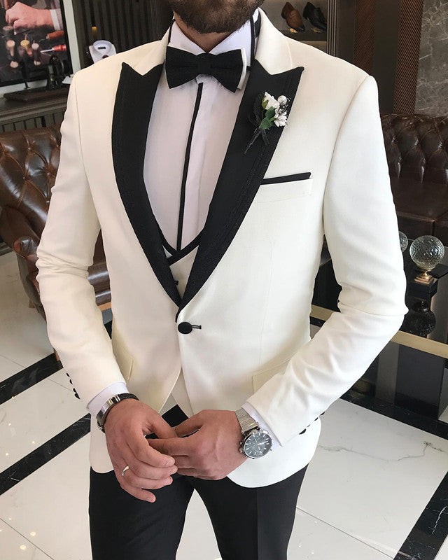 Stylish White Three Pieces Best Fitted Shawl Lapel Wedding Men Suit