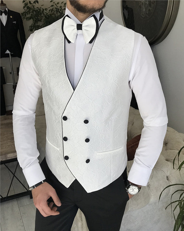Fashion White Jacquard Three Pieces Peaked Lapel Prom Men Suit
