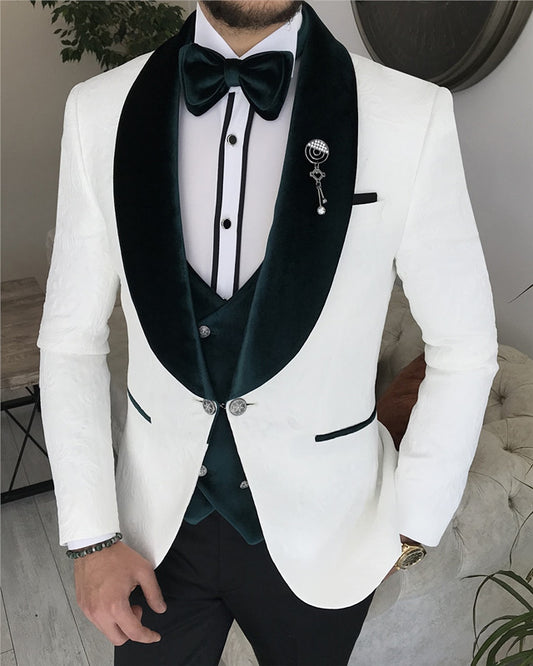 White Jacquard Three Pieces Wedding Men Suit with Green Velvet Lapel