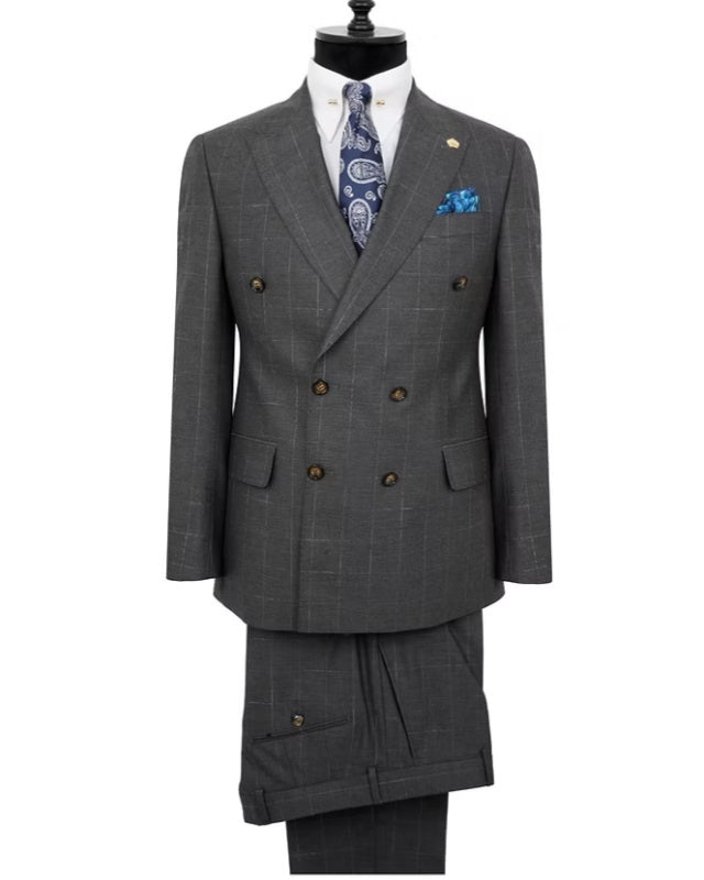 Formal Dark Gray Plaid Double Breasted Business Men Suit
