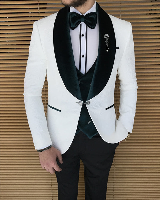White Jacquard Three Pieces Wedding Men Suit with Green Velvet Lapel