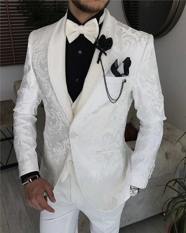 Cool White Jacquard Three Pieces Shaw Lapel Wedding Men Suit