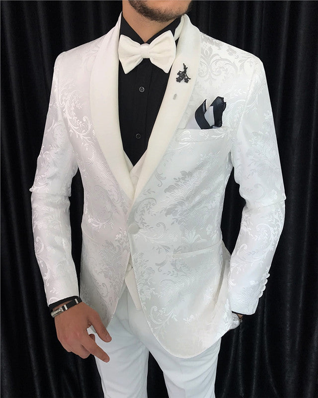 Cool White Jacquard Three Pieces Shaw Lapel Wedding Men Suit