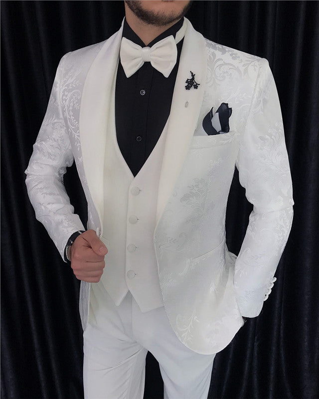 Cool White Jacquard Three Pieces Shaw Lapel Wedding Men Suit